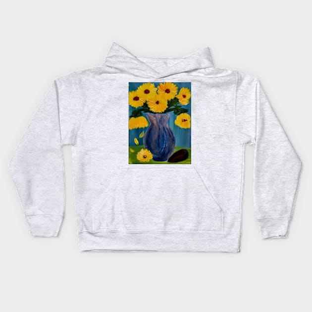 sunflowers in a glass blue vase in vintage style Kids Hoodie by kkartwork